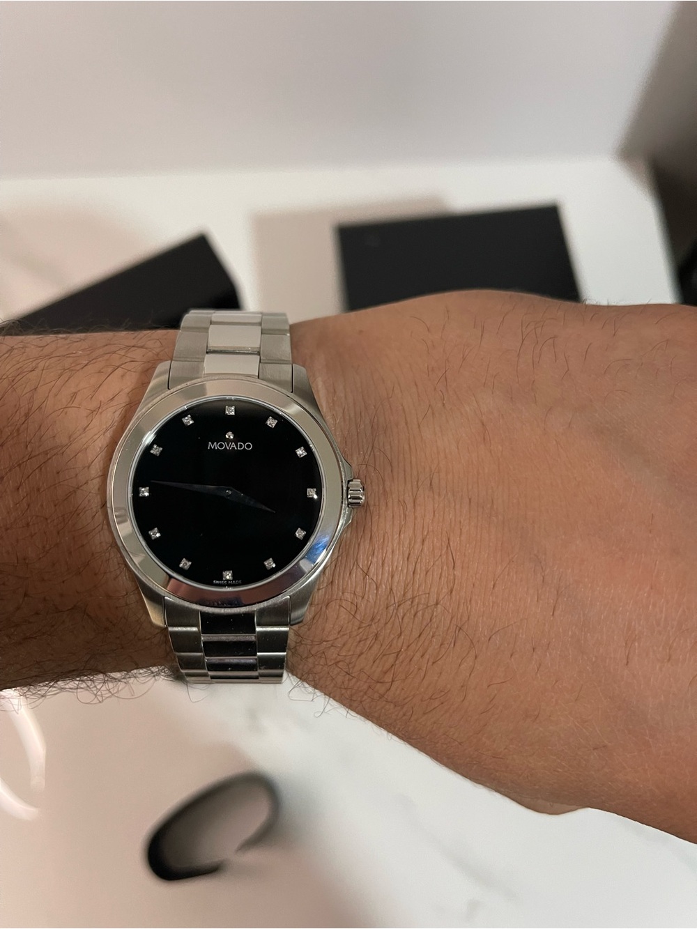 Movado Men's Black Dial Stainless Steel Bracelet With Diamond Markers Watch